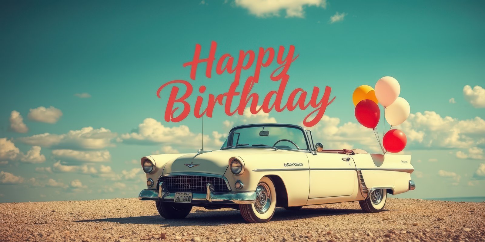 Vintage convertible with balloons celebrates birthday at sunny beach coast in cheerful atmosphere